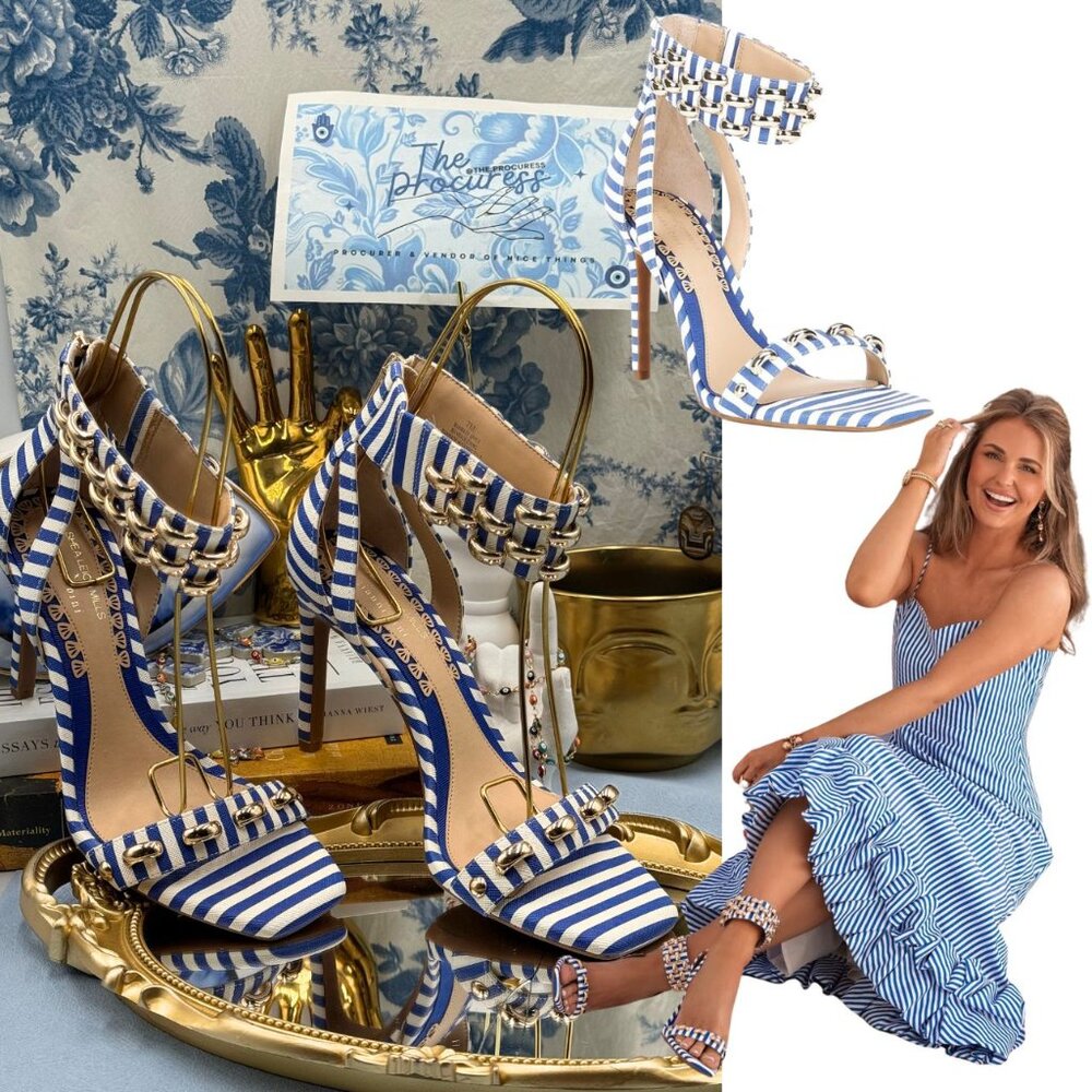 🆕 GIANNI BINI 🧿 x Shea Leigh Mills NWOB Carter Blue White Striped Sandal, Sz 7